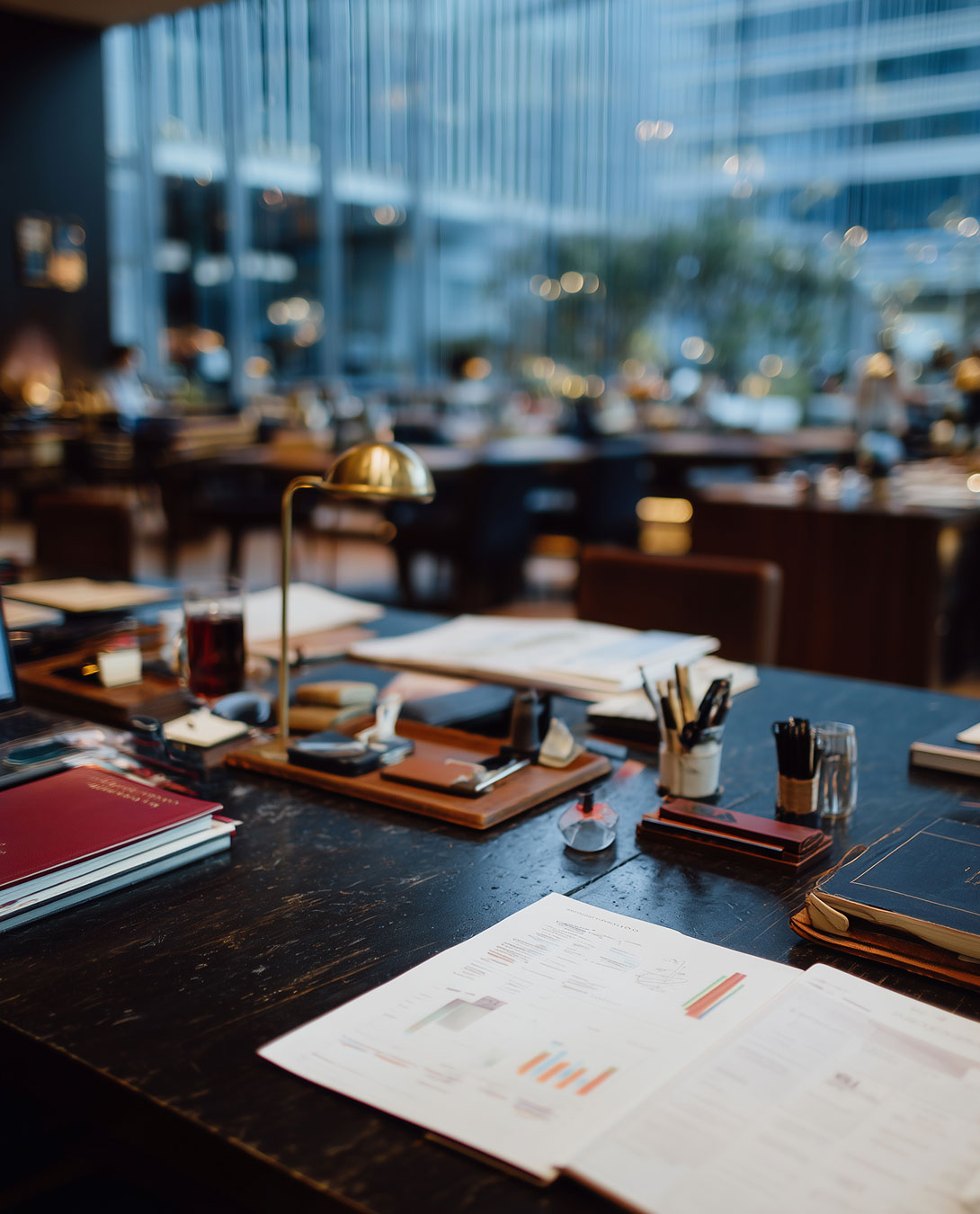 Documents and charts spread across a large table in a modern workspace with tall windows