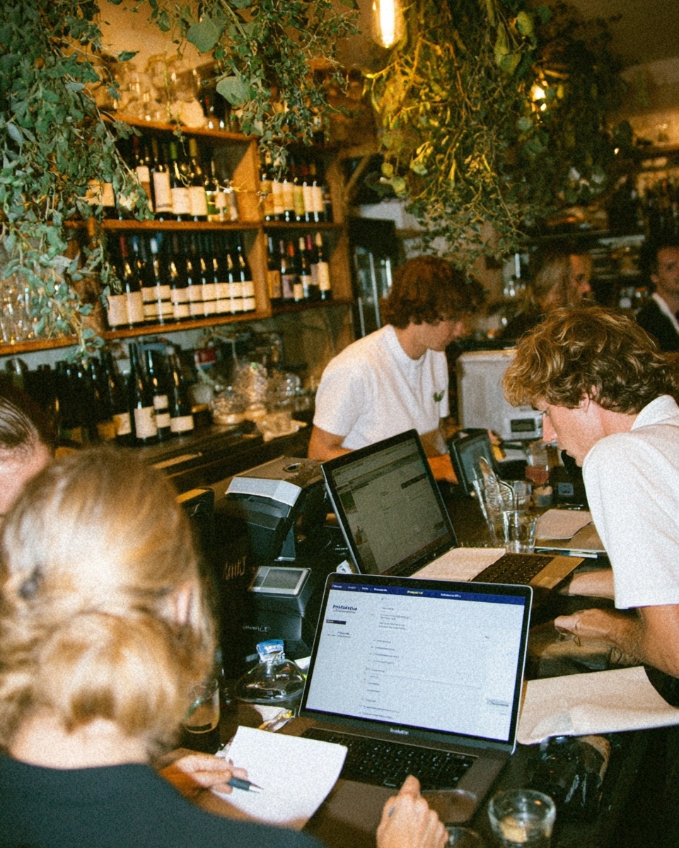 A laptop open on a prep station inside a restaurant kitchen while chefs work in the background