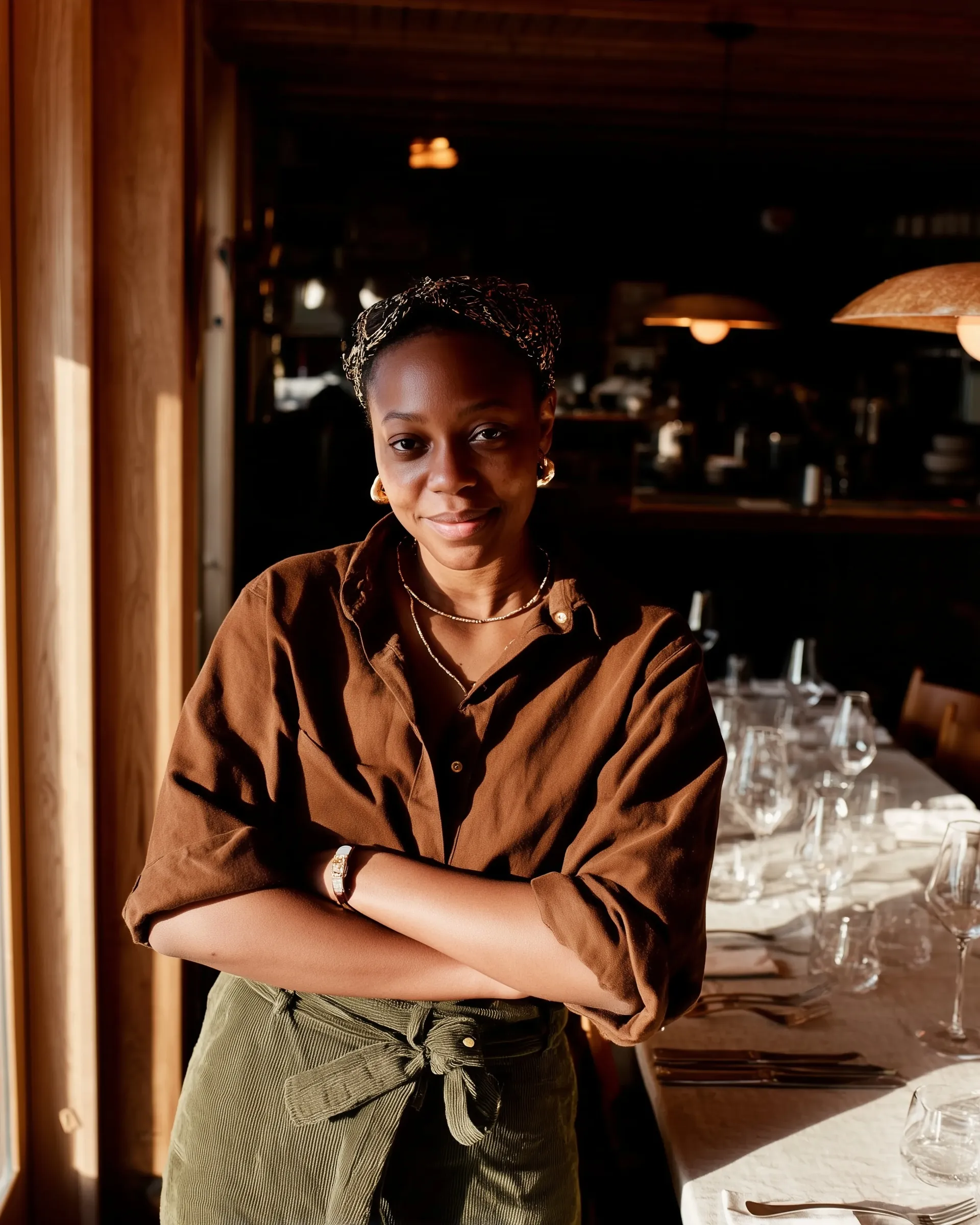 A small team working on laptops at a bar counter surrounded by shelves of wine bottles and hanging greenery