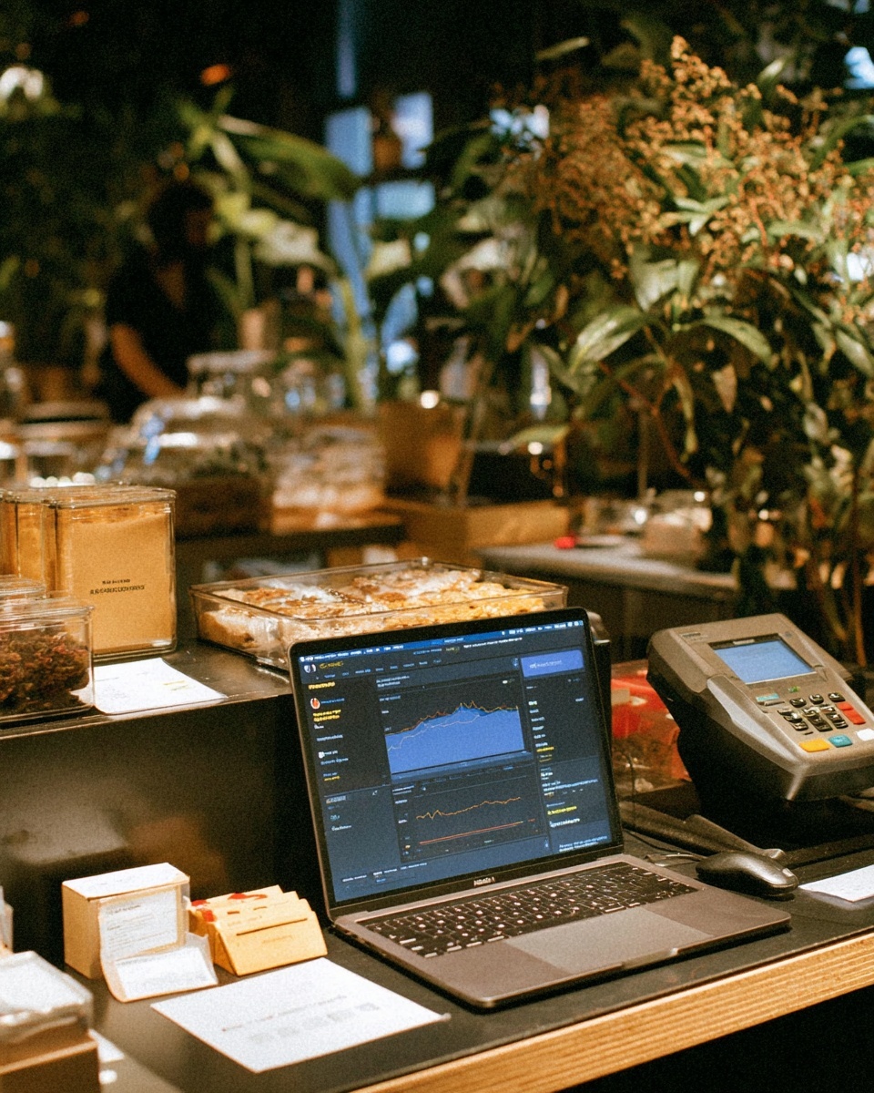 A laptop displaying performance data on a counter inside a plant-filled hospitality space