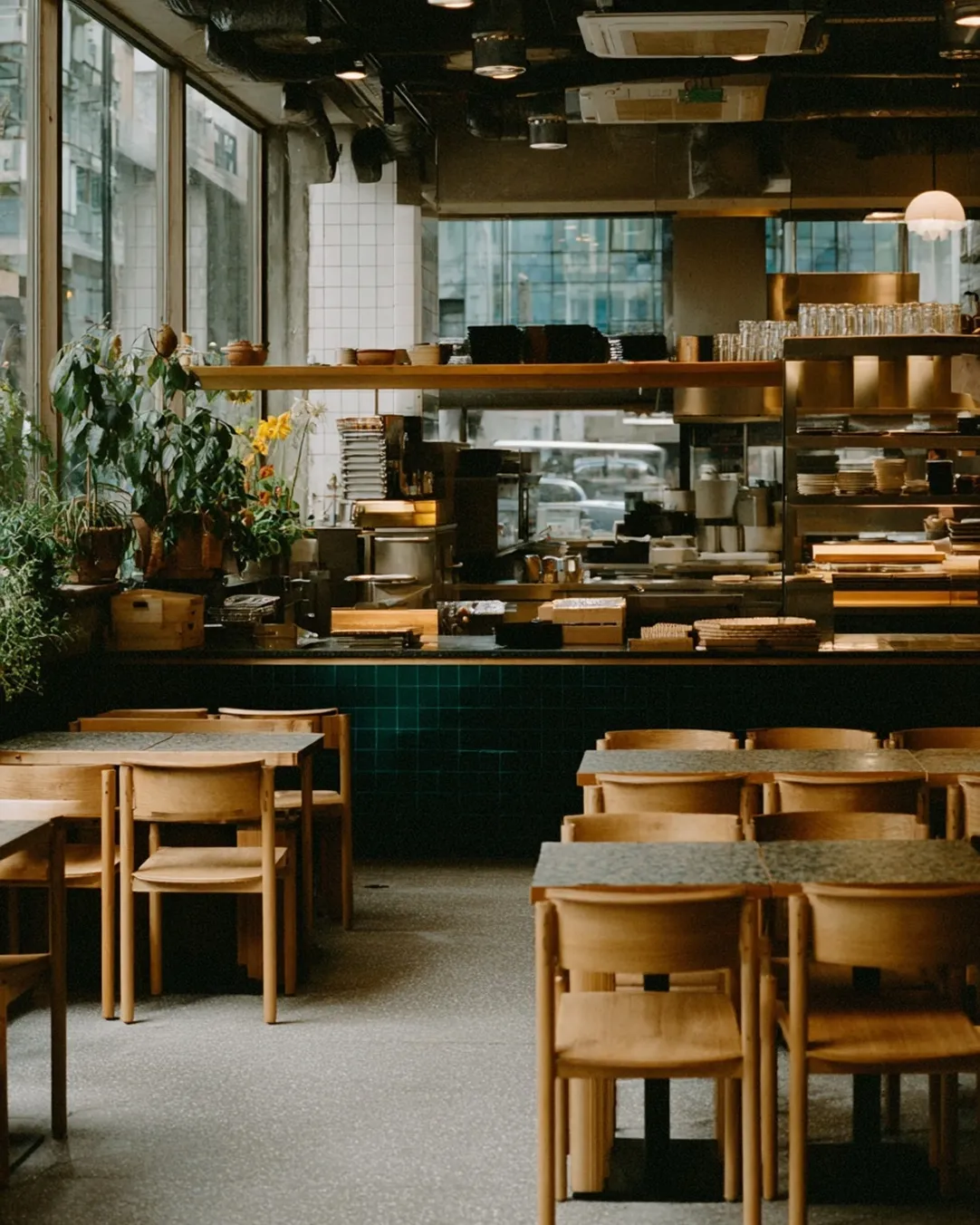 A modern restaurant interior with wooden tables, chairs, plants, and an open kitchen in the background
