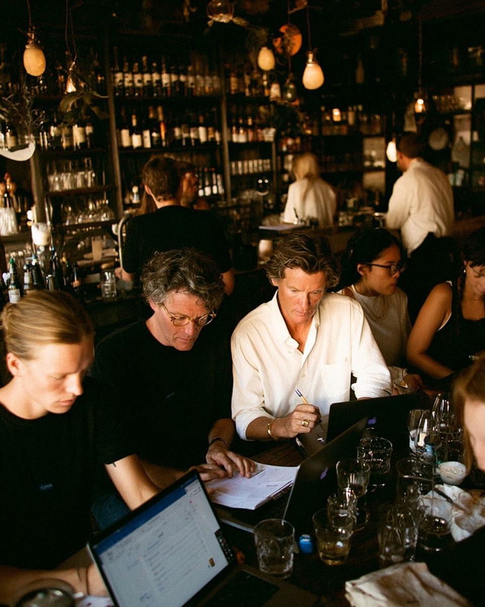 A group of people working on laptops and paperwork at a busy bar surrounded by shelves of bottles