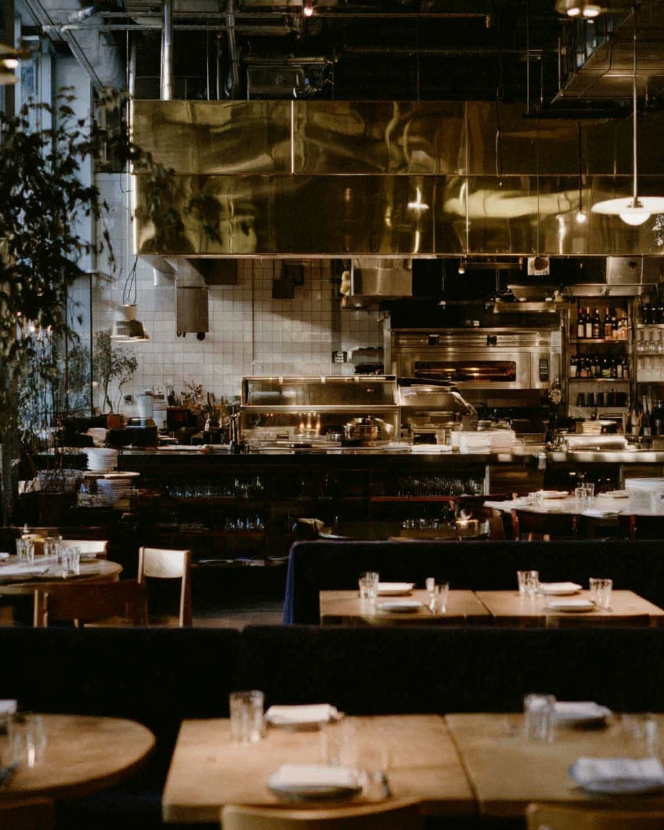 An empty restaurant dining room with wooden tables facing an open kitchen and brass fixtures