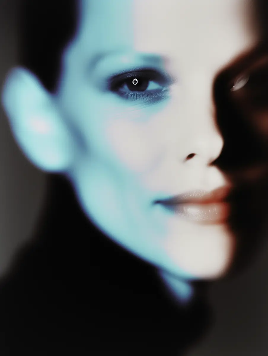 Artistic close-up portrait of a woman's face with half in blue light and half in shadow.