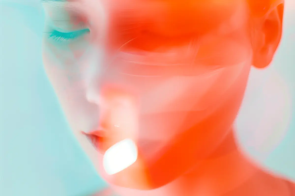 Blurred close-up of a serene face with eyes closed, overlaid with vibrant red-orange light streaks.