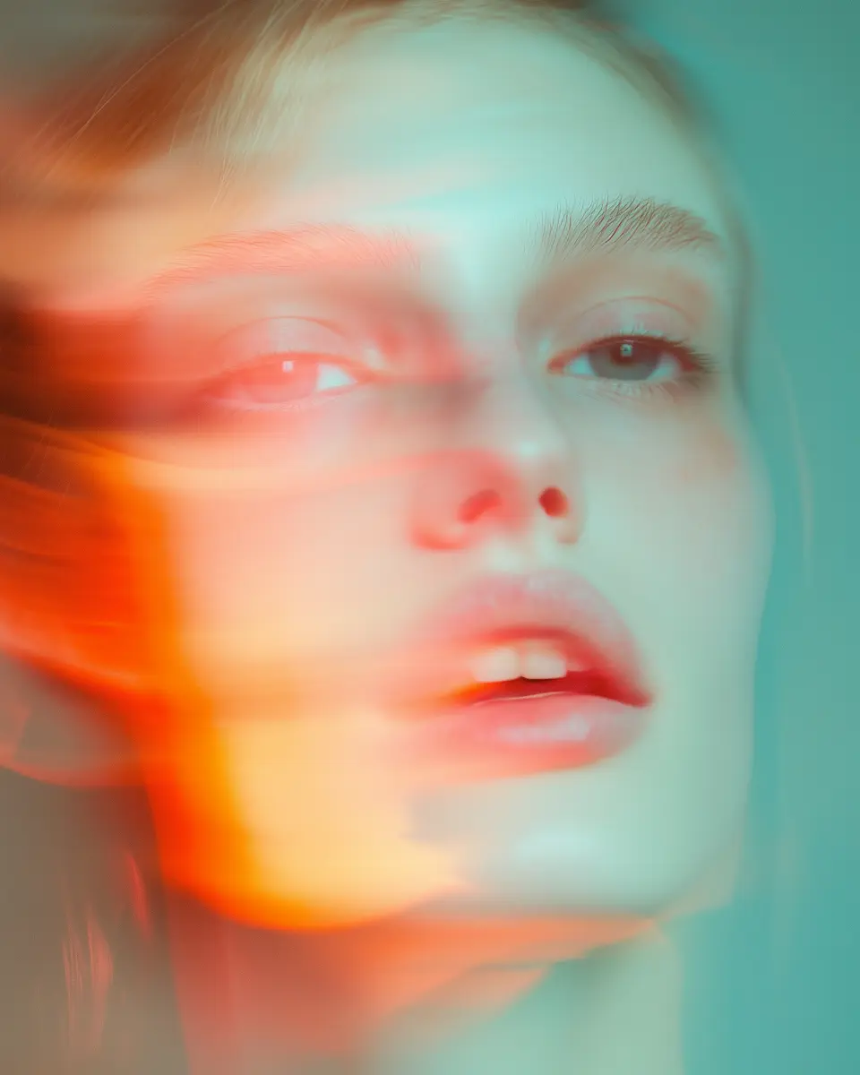 Close-up of a woman's face with a soft focus and red-orange light streaks across it against a teal background.