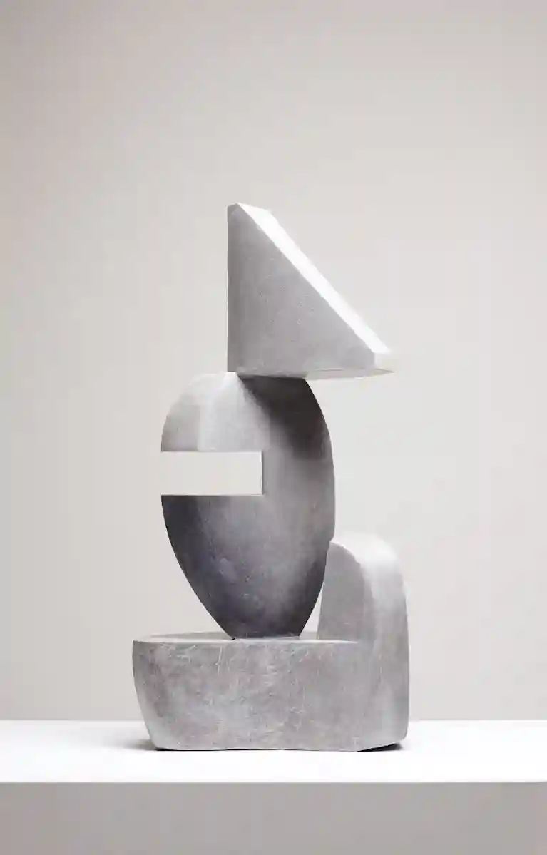 Abstract gray stone sculpture composed of geometric shapes, including a triangle, oval, and rectangles, against a plain background.