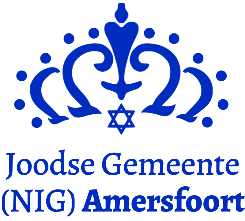 Blauw logo van Joodse Gemeente (NIG) Amersfoort met een gestileerde kroon en een Davidsster.