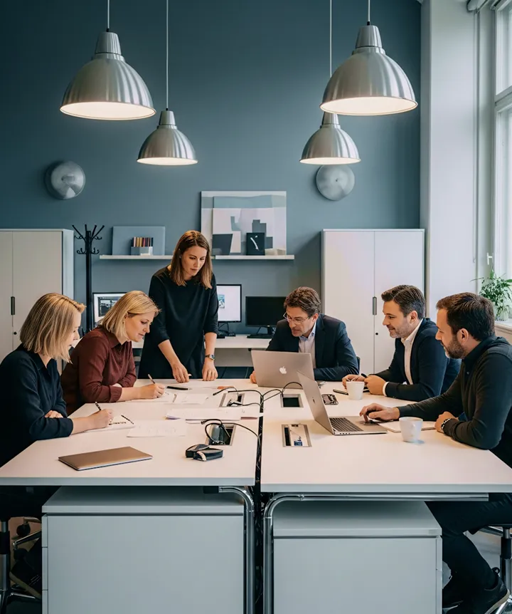 Team collaborating around a table in a modern office