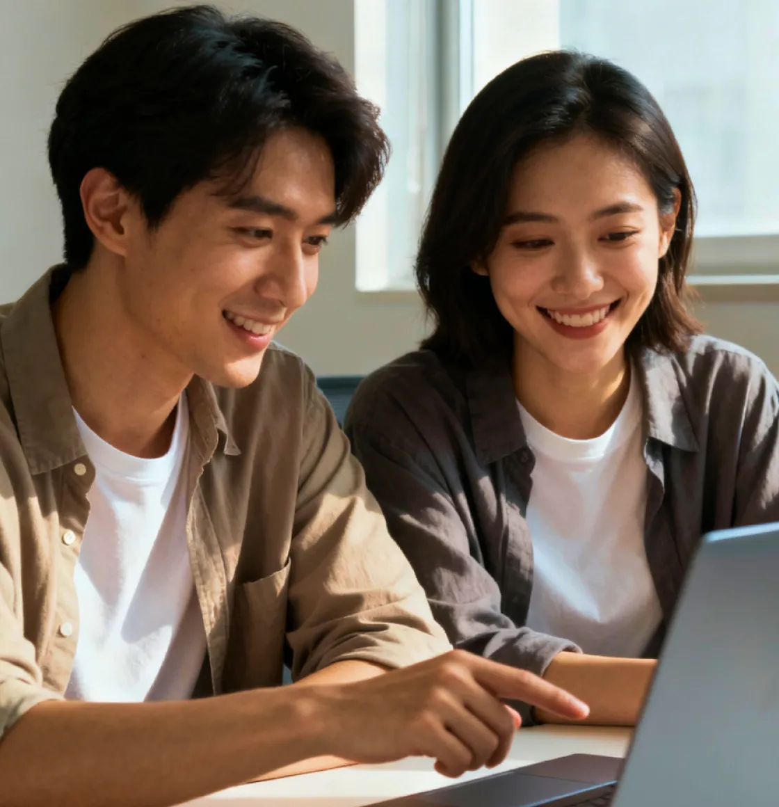 A young man and woman smile while looking at a laptop screen together.
