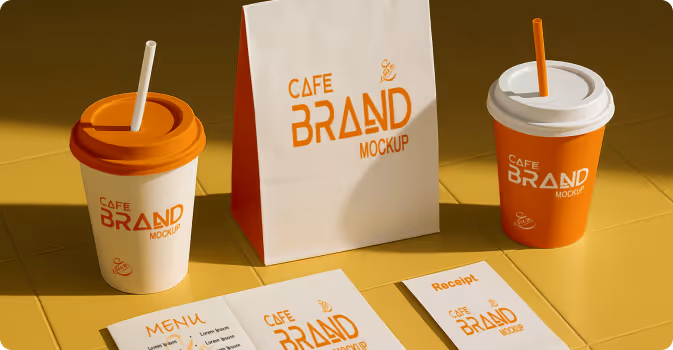 Cafe brand mockup featuring two coffee cups with lids, a paper bag, and printed menu and receipt on a yellow surface.