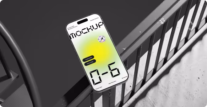 Smartphone with a green and yellow gradient screen displaying a mockup design and large digits 0-6, resting at an angle against a metal railing.
