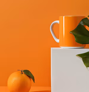Orange mug on a white pedestal next to a fresh orange fruit with a green leaf against an orange background.