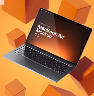 Floating MacBook Air laptop with touchscreen displaying 'MacBook Air Mockup' text, set against an orange background with 3D cubes.