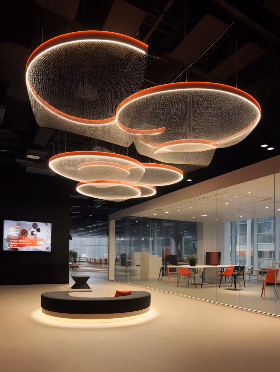Modern lounge area with circular illuminated ceiling installations and round seating with a red pillow under ambient lighting.