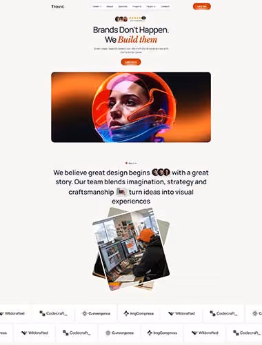 Website homepage with the headline 'Brands Don't Happen. We Build them' featuring a futuristic digital portrait and an image of a person working at a computer workstation.