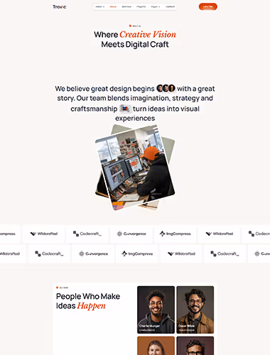 Webpage hero section with headline 'Where Creative Vision Meets Digital Craft' and a photo of a person in an orange hat working on multiple computer screens in an office.