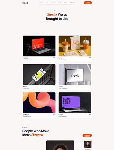 Website section titled 'Stories We've Brought to Life' showing six project thumbnails including a laptop with a red screen, coffee packaging, a mobile app interface, a screen with the Trovic logo, an abstract colorful shape, and a laptop with a purple screen displaying 'Paste Design Here'.