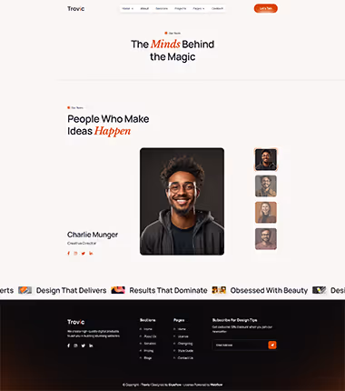 Webpage section titled 'The Minds Behind the Magic' featuring Charlie Munger, Creative Director, with his photo and a list of team member thumbnails on the right.