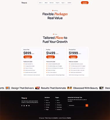 Website pricing section with three plans titled Starter Plan, Pro Plan, and Premium Plan, listing prices $899, $1499, and $1999 per month with respective feature highlights and call-to-action buttons.