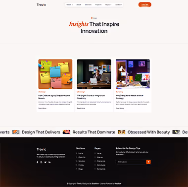 Website homepage for Trovic showing navigation menu, headline 'Insights That Inspire Innovation,' three blog post previews with images and descriptions, and footer with social media links and subscription form.
