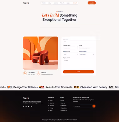 Contact page with a red modern chair on abstract orange background, and a form to submit name, company, email, service, budget, and project details.