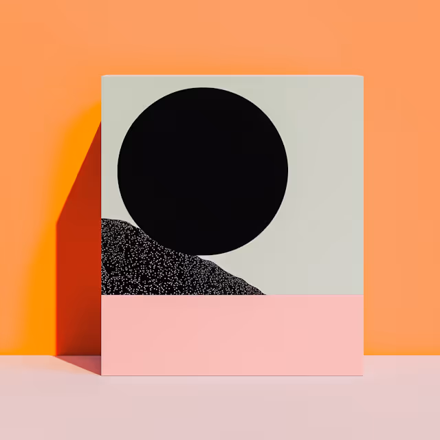 Minimalist abstract artwork with a large black circle, speckled black shape, gray and pink blocks on an orange background.