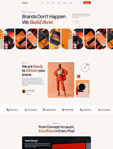 Website homepage with the headline 'Brands Don't Happen. We Build them', featuring a navigation menu, a call-to-action button, and a photo of six diverse people smiling and collaborating, with statistics on experience, project completion, and client satisfaction.