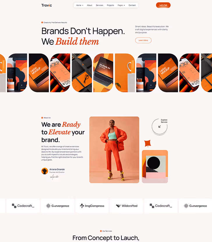 Website homepage showcasing a team photo with smiling professionals, a tagline about building brands, and statistics on experience, projects completed, and client satisfaction.