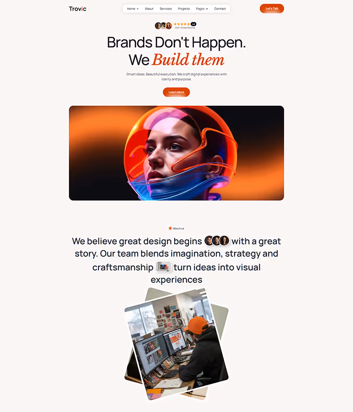 Website homepage with headline about building brands, futuristic portrait of a person with neon light helmet, and photo of a designer working at a computer.