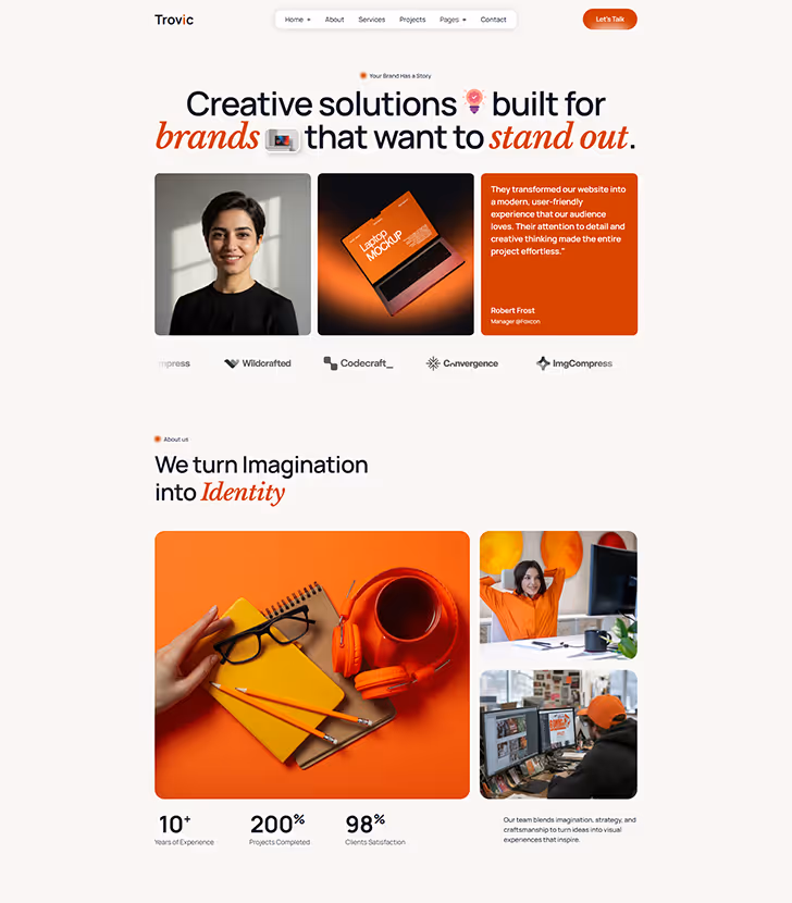 Webpage showing a branding service with a portrait photo of a woman, a product box image, a customer testimonial, and images of creative work including headphones, notepad, and people working at computers.