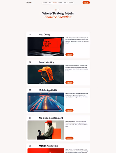 Webpage section showcasing services including Web Design, Brand Identity, Mobile App UI/UX, and No-Code Development with related images and descriptions.