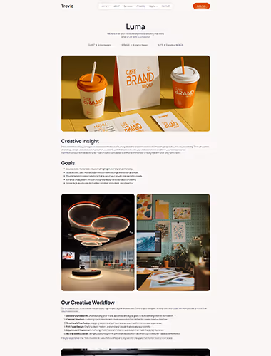 Website homepage showcasing a laptop pro mockup image with sections titled Creative Insight, Goals, and Our Creative Workflow featuring modern office lighting and a creative desk workspace.