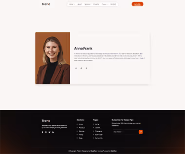 Profile of Anna Frank, a smiling woman with shoulder-length hair wearing a brown blazer and black top, alongside her bio on a clean white background.