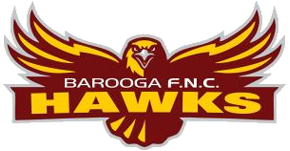 Logo of Barooga F.N.C. Hawks featuring a stylized maroon and gold hawk with outstretched wings and bold text.