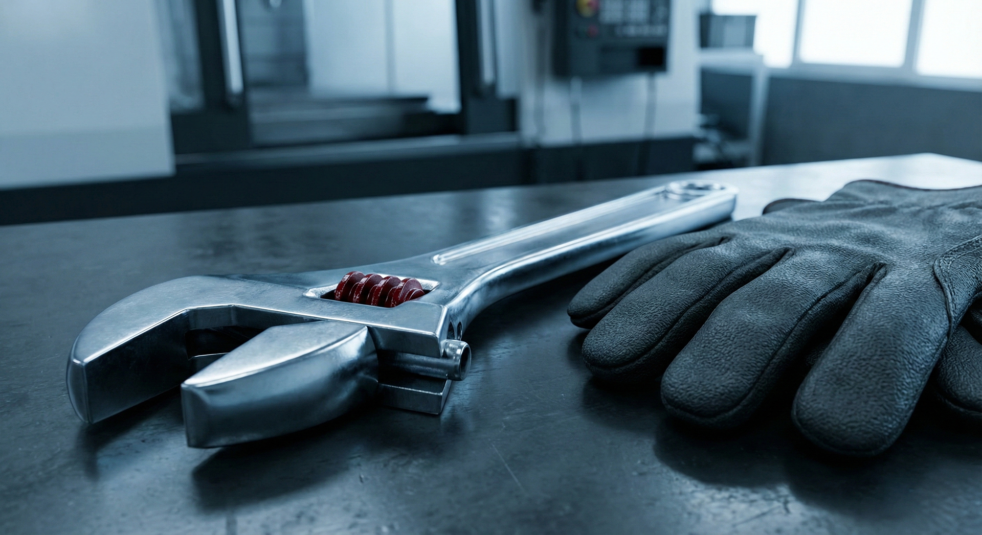 Francouzský klíč a pracovní rukavice na kovovém stole.