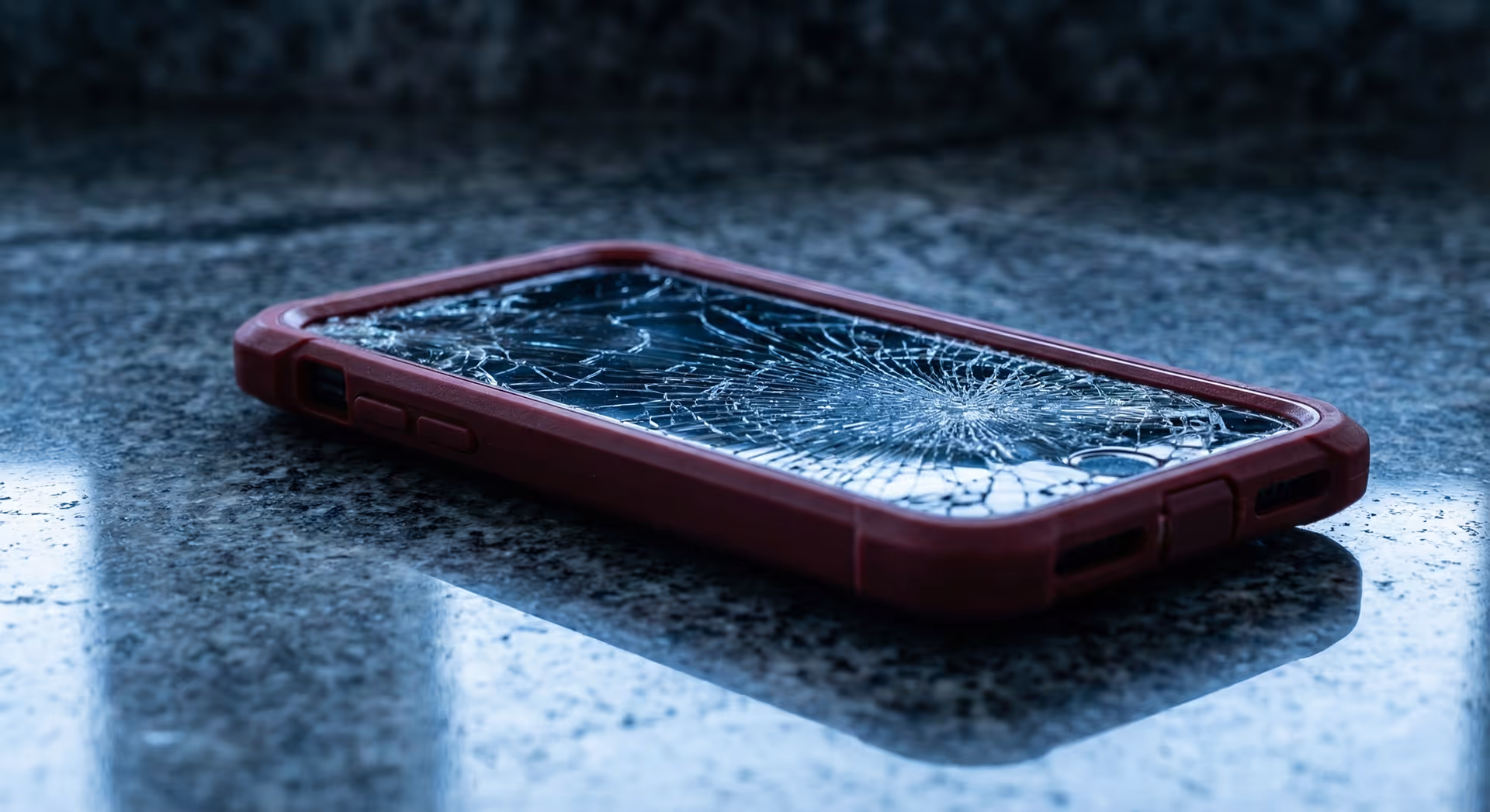 Mobilní telefon s rozbitým displejem ležící na stole.