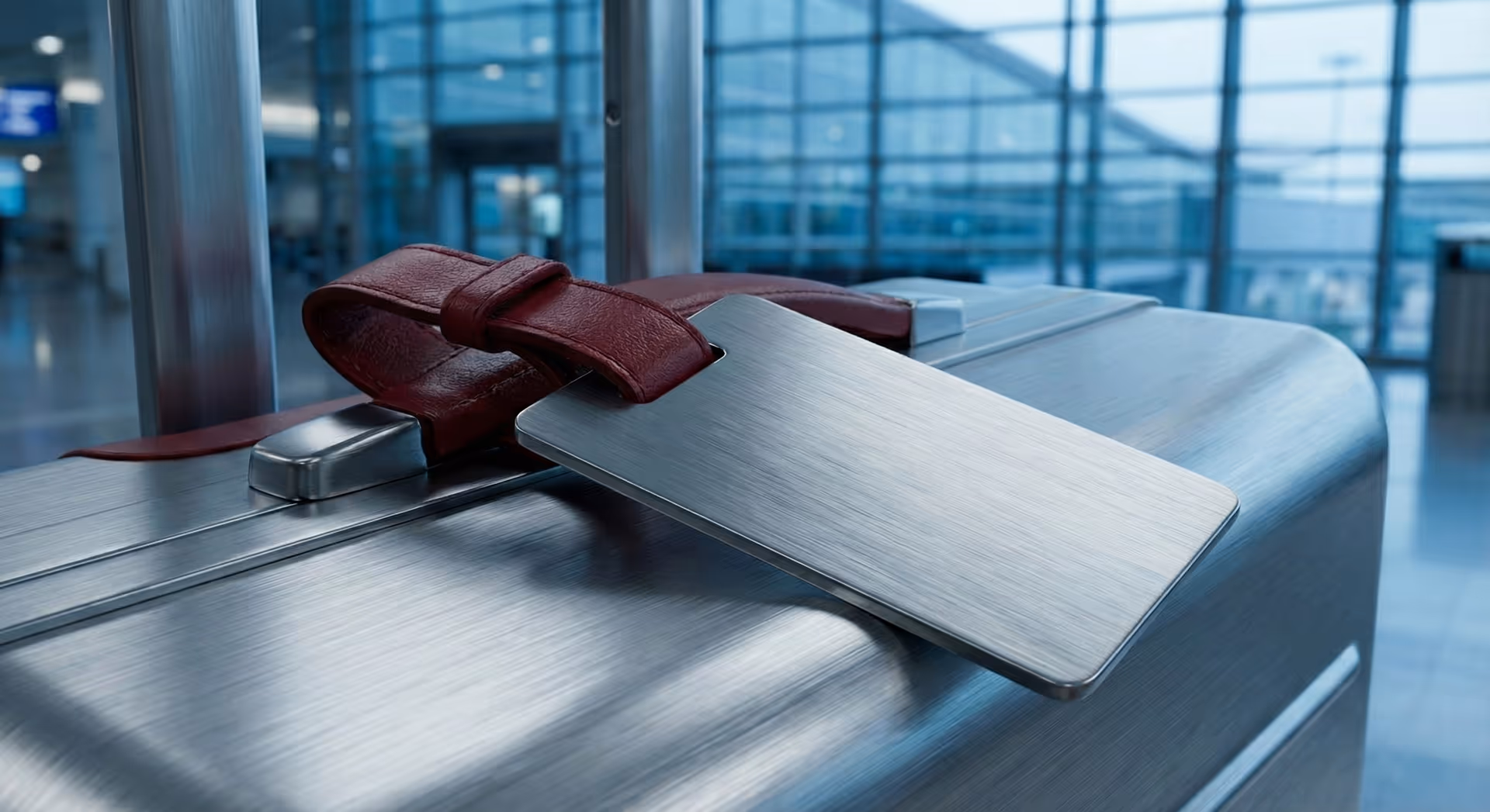 Detail stříbrného kufru s koženou visačkou.