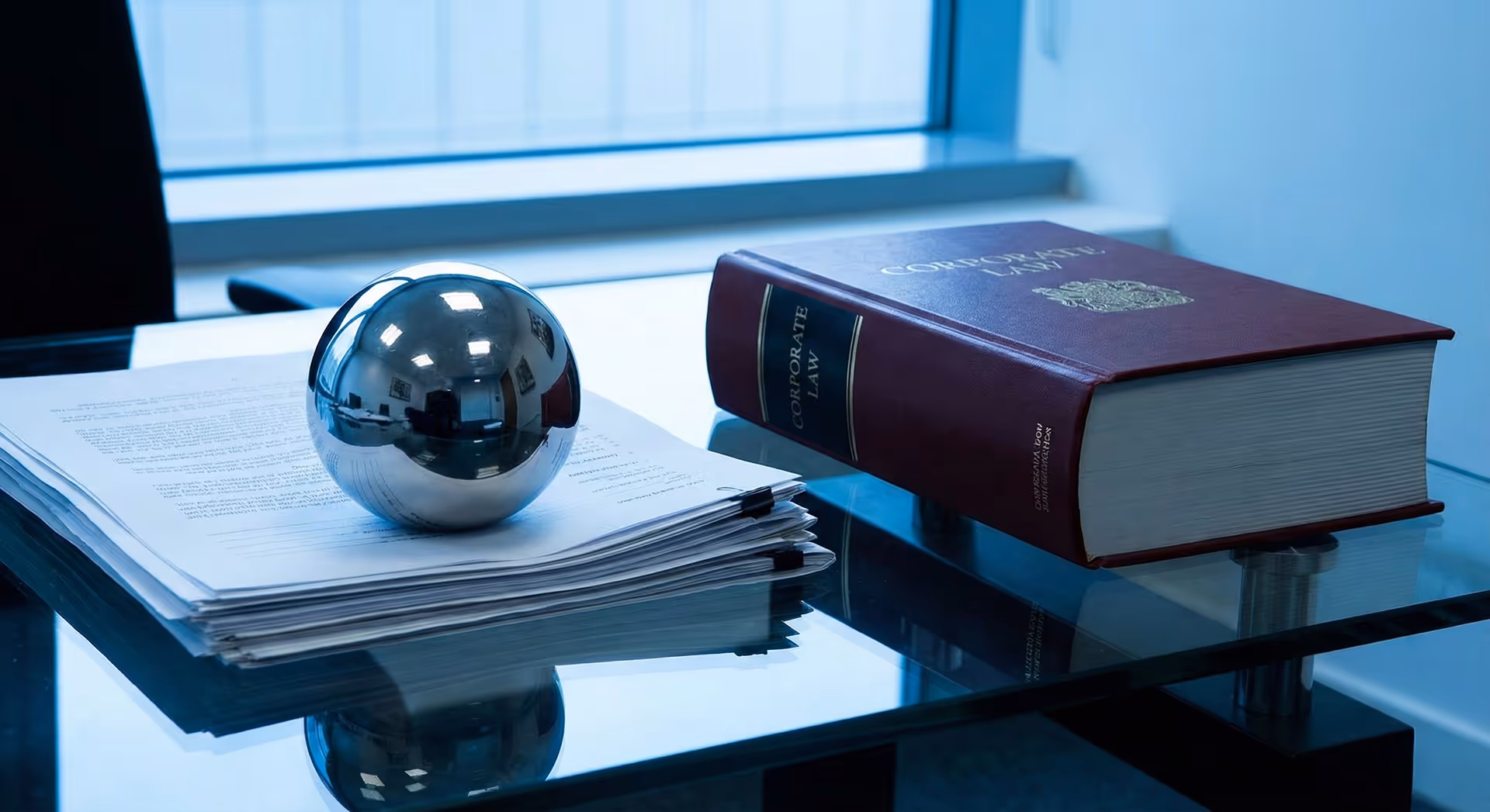 Ocelové těžítko a právnické knihy na skleněném stole.