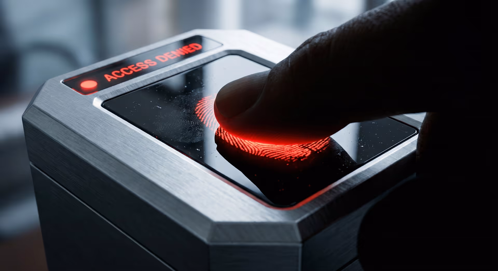 Prst přiložený na čtečku otisků prstů.