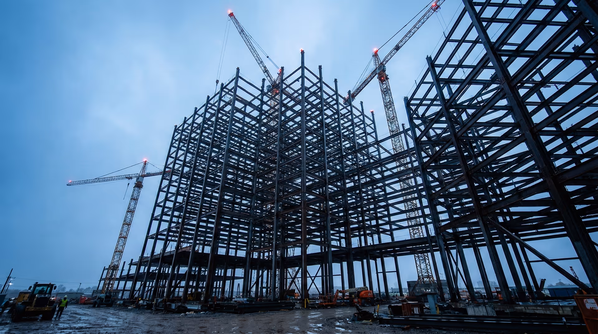 Rozestavěná konstrukce budovy s lešením.