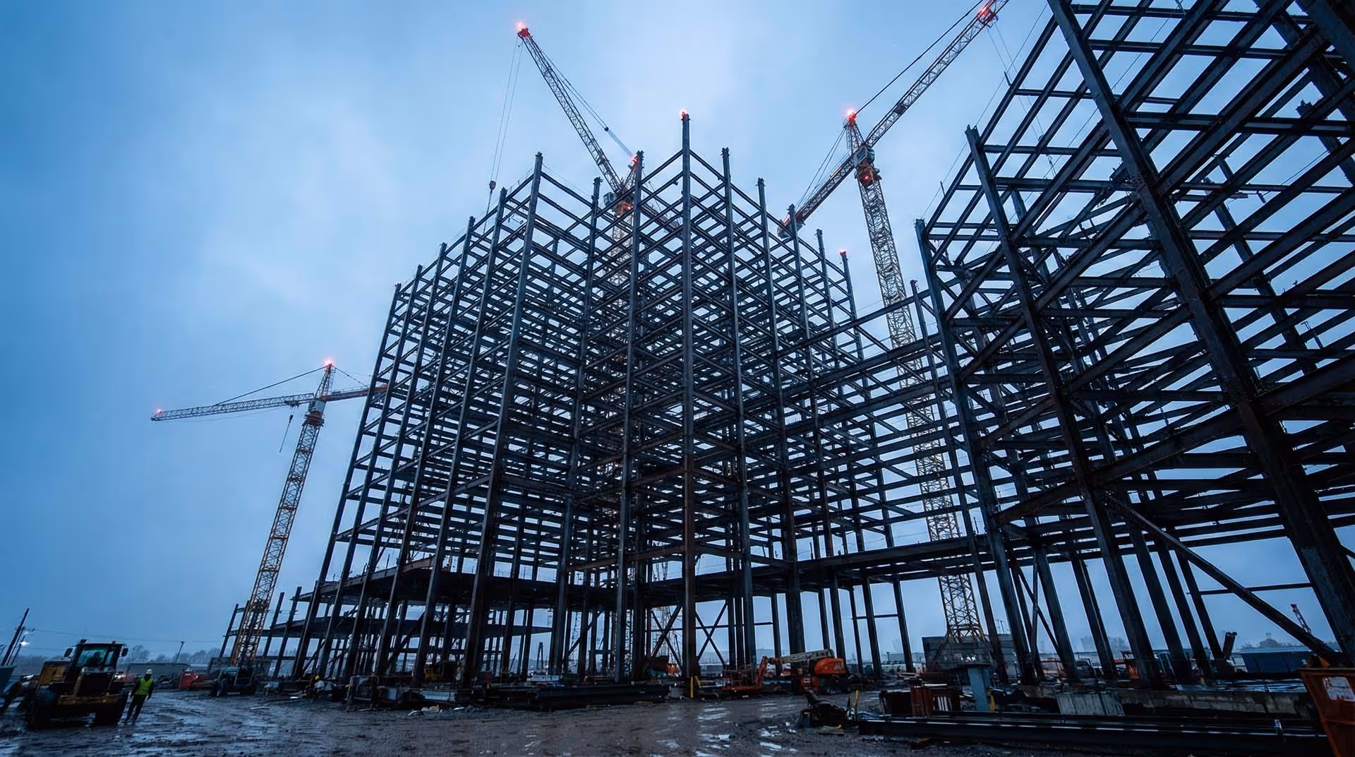 Rozestavěná konstrukce budovy s lešením.