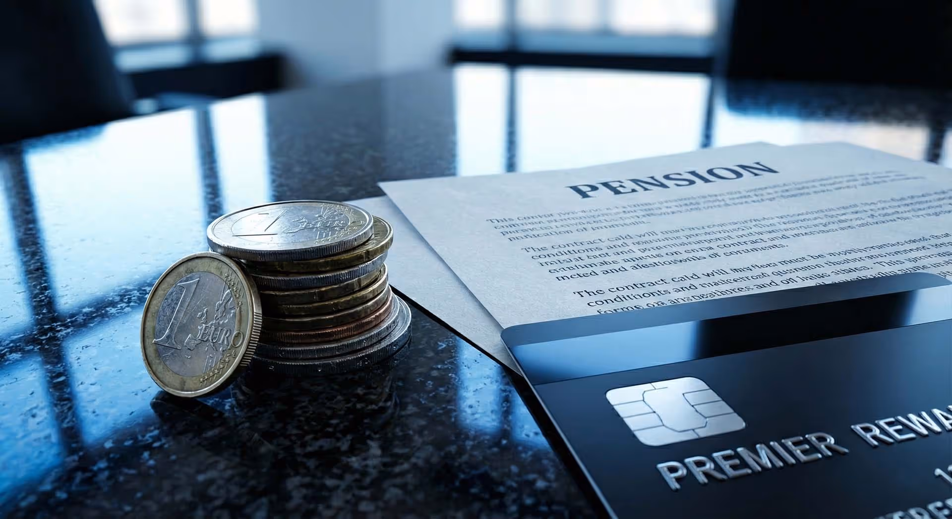 Mince a platební karta ležící na stole.