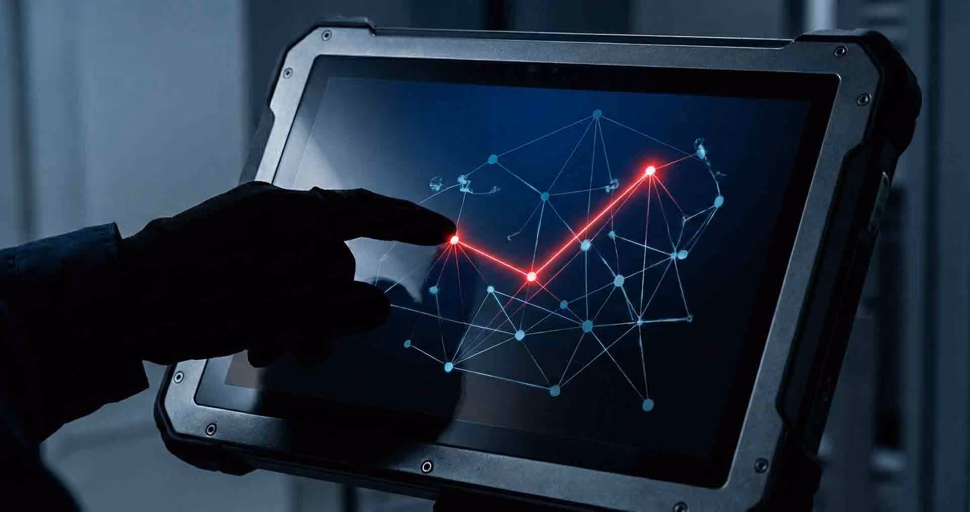 Ruka ovládající tablet se svítícím grafem sítě.
