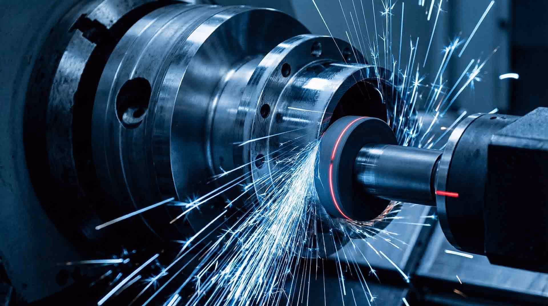 Obrábění kovu na soustruhu s odlétajícími jiskrami.