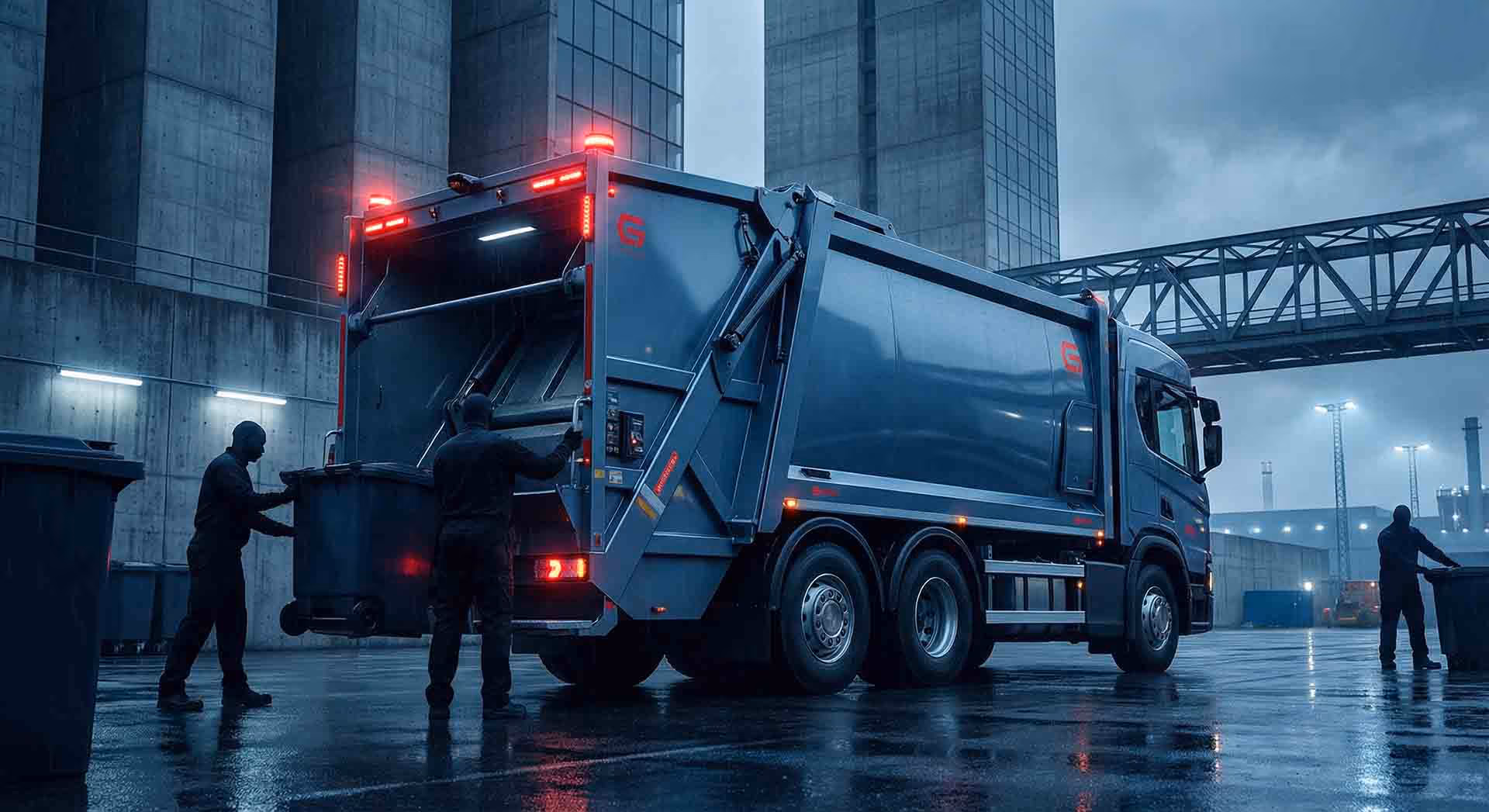 Zadní část popelářského vozu při nakládání odpadu.