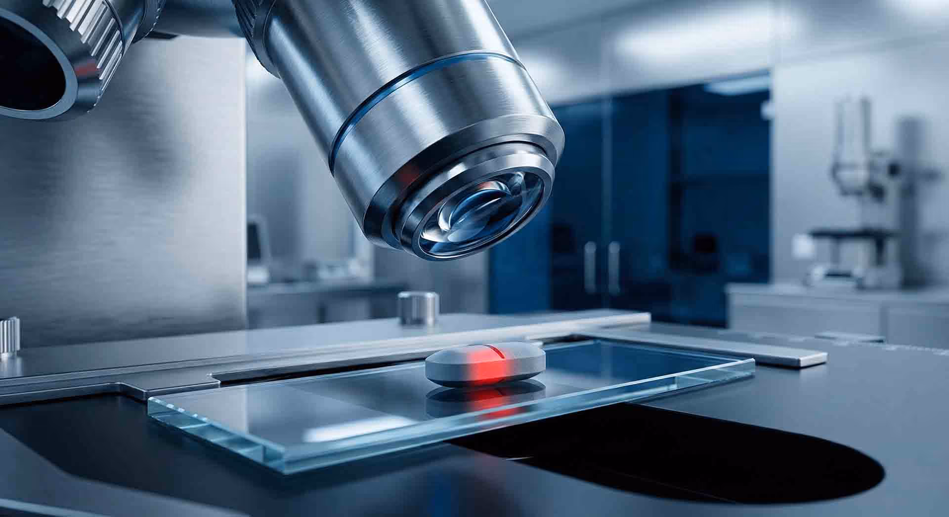 Laboratorní mikroskop a sklíčko.