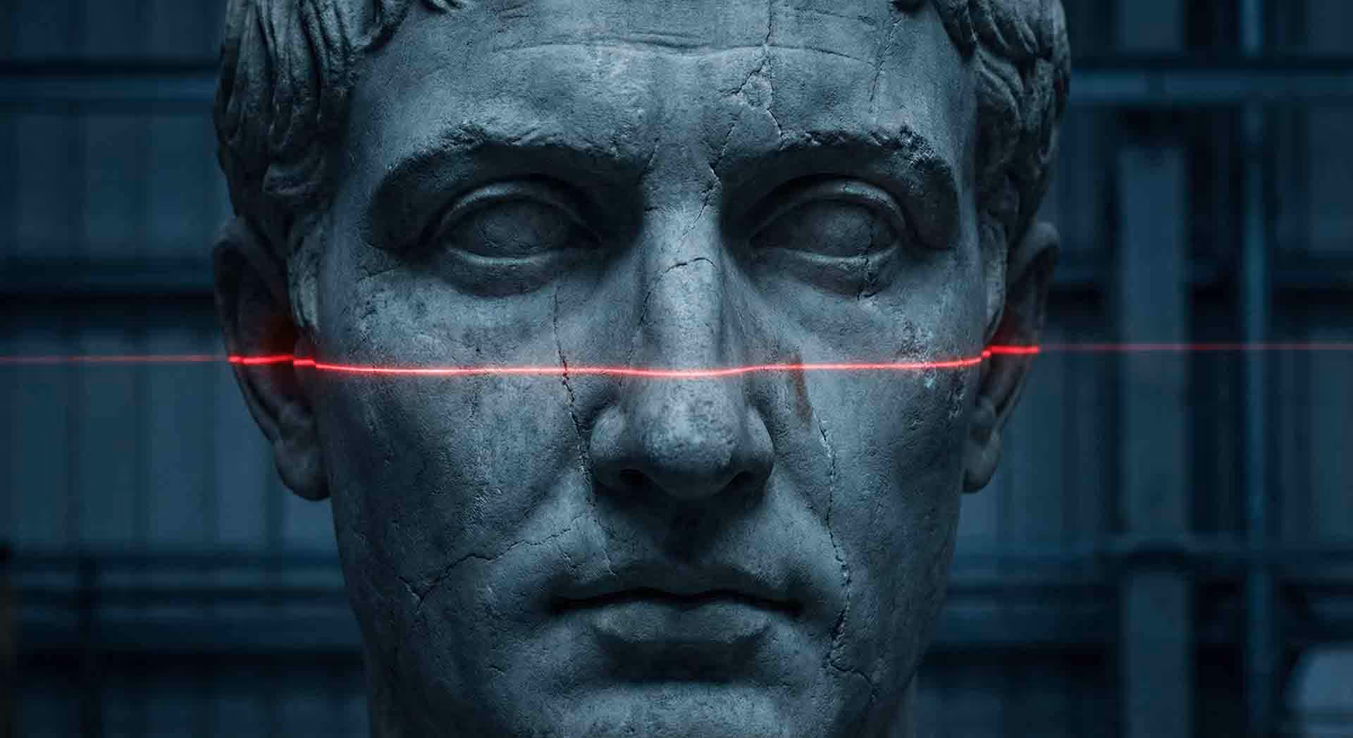 Kamenná busta s červeným laserovým skenerem přes oči.
