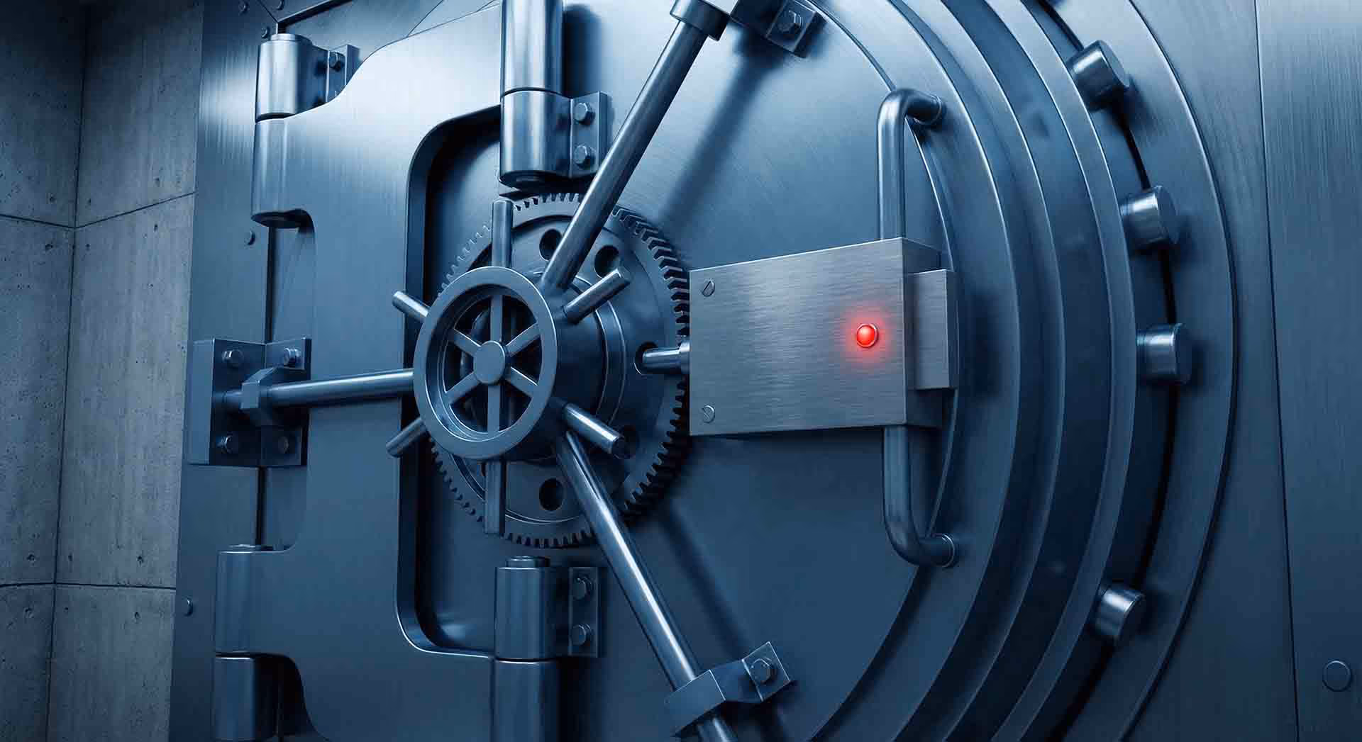 Detail ocelového mechanismu dveří trezoru.