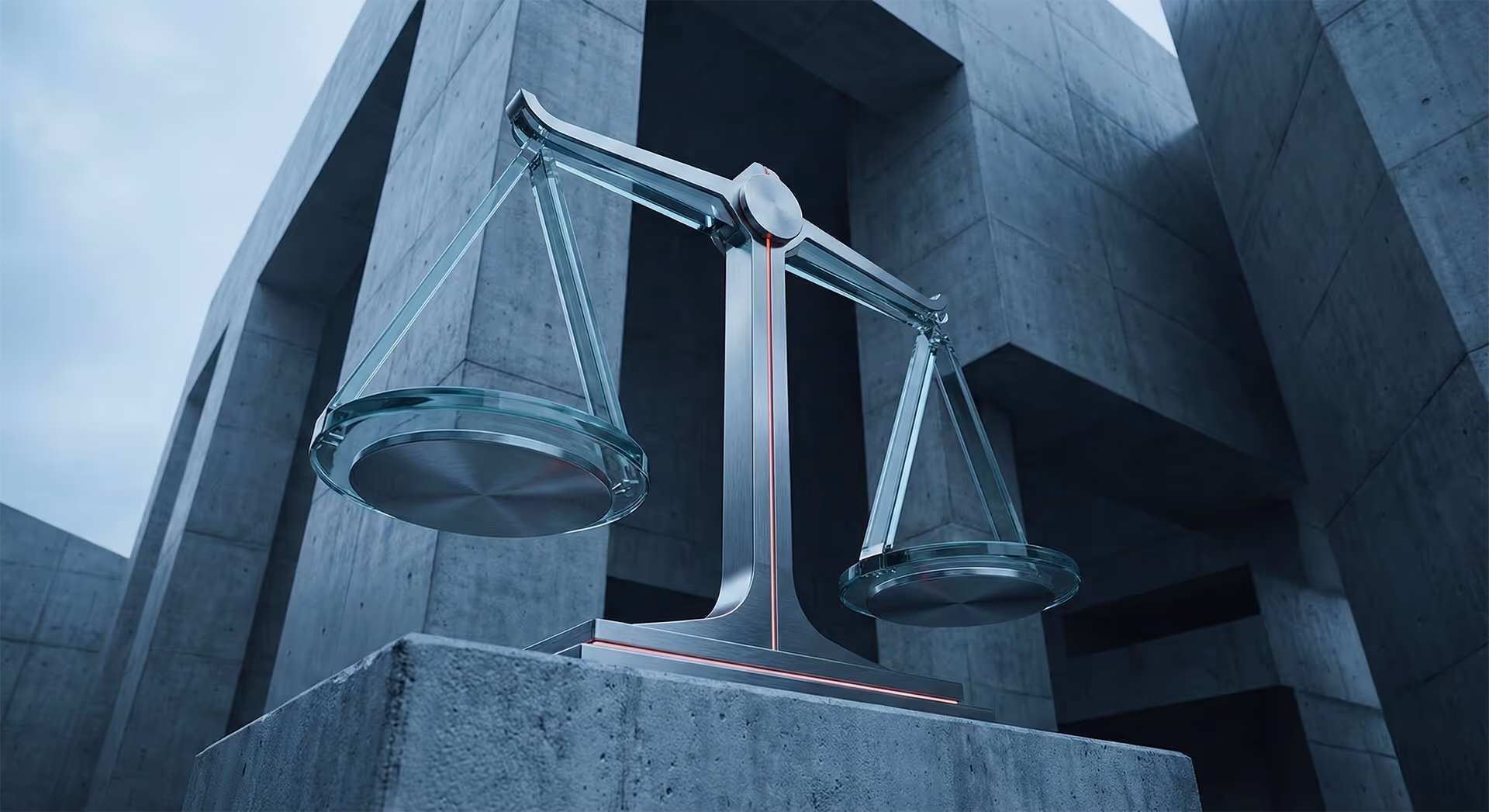 Váhy spravedlnosti před betonovou budovou soudu.